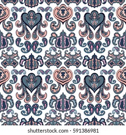 Paisley seamless pattern. White, blue and pink Floral abstract background. Ornamental elegant illustration.