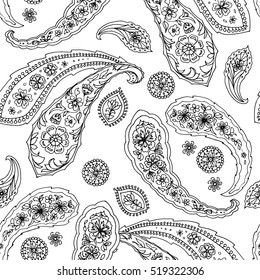 Paisley seamless pattern.Traditional ethnic pattern. Brushwork by hand. Black and white vector image. A template for a print fabric, wrapping paper, textiles.Limited Palette
