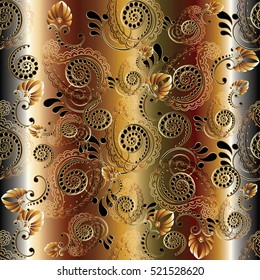 Paisley seamless pattern.Vintage gold decorative 3d flowers background. Floral wallpaper.