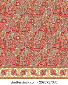 Paisley seamless red pattern with yellow border vector print 