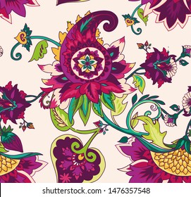 Paisley. Seamless Textile floral pattern with oriental paisley or buta ornament. 