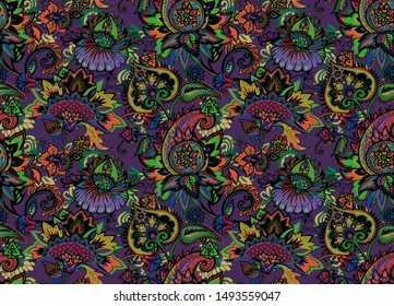 Paisley. Seamless Textile floral pattern with oriental paisley or buta ornament. 