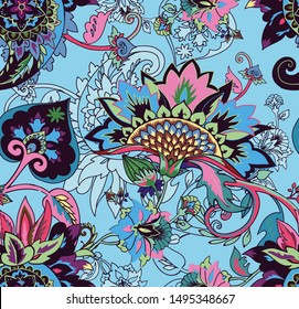 Paisley. Seamless Textile floral pattern with oriental paisley or buta ornament. 