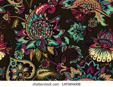 Paisley. Seamless Textile floral pattern with oriental paisley or buta ornament. 