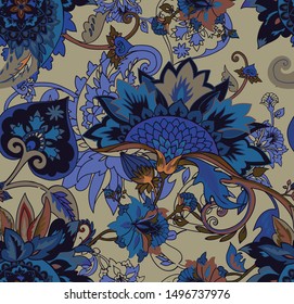 Paisley. Seamless Textile floral pattern with oriental paisley or buta ornament. 
