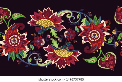 Paisley. Seamless Textile floral pattern with oriental paisley or buta ornament. Border, frame