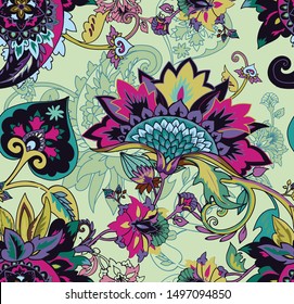 Paisley. Seamless Textile floral pattern with oriental paisley or buta ornament. 