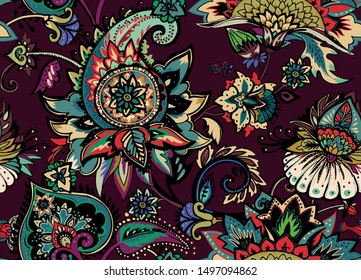 Paisley. Seamless Textile floral pattern with oriental paisley or buta ornament. 