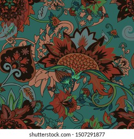 Paisley. Seamless Textile floral pattern with oriental paisley or buta ornament. 