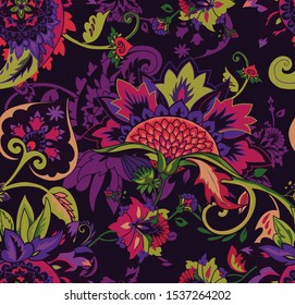 Paisley. Seamless Textile floral pattern with oriental paisley or buta ornament. 