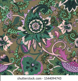 Paisley. Seamless Textile floral pattern with oriental paisley or buta ornament. 