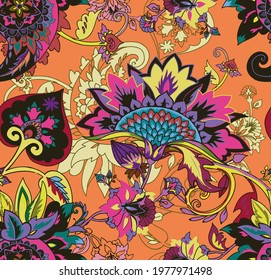 Paisley. Seamless Textile floral pattern with oriental paisley or buta ornament. 
