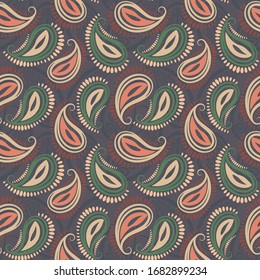 Paisley seamless traditional pattern in vector. Multicolored ornament green, purple, yellow background
