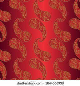 Paisley seamless vector pattern. Artistic ornament on a red shiny background. Turkish and Indian motifs, silk fabric