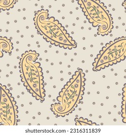 Paisley nahtloser Vektormuster-Hintergrund. Schönes, handgezeichnetes, blumengeschmücktes Design mit winzigen floralen Hintergrund. Cremefarben, gelbe Pastellfarben wiederholen. Pinselstrich locker Stil der botanischen Motive.