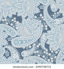 Paisley nahtlose Vektorgrafik Muster mit fantastischen Blüten und Blättern. Böhmischer Textildruck inspiriert von Batik. Klassischer Stil