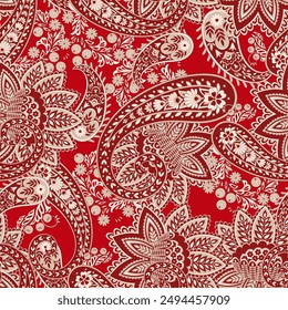 paisley seamless vector pattern with fantastic flowers and leaves. Bohemian textile print inspired by batik. Vintage style