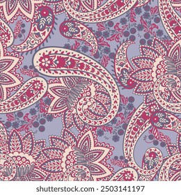 paisley nahtloses Vektormuster mit fantastischen Blumen und Blättern. Böhmischer Stoffdruck inspiriert von der Batik. Vintage