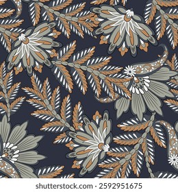 paisley seamless vector pattern with fantastic flowers and leaves. Bohemian textile print inspired by batik. Vintage style