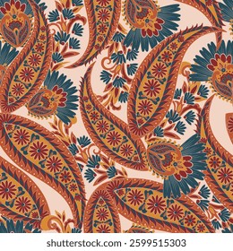 Paisley seamless vector pattern with fantastic flowers and leaves. Bohemian textile print inspired by batik. Vintage style