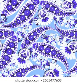 Paisley seamless vector pattern with fantastic flowers and leaves. Bohemian textile print inspired by batik. Vintage style