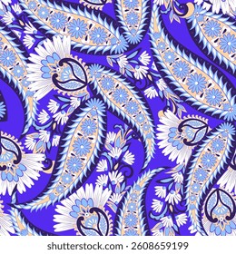 Paisley seamless vector pattern with fantastic flowers and leaves. Bohemian textile print inspired by batik. Vintage style