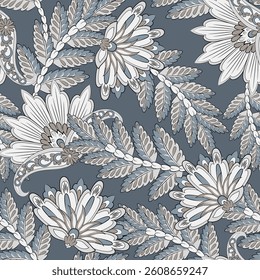 paisley seamless vector pattern with fantastic flowers and leaves. Bohemian textile print inspired by batik. Vintage style