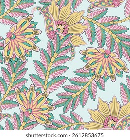 paisley seamless vector pattern with fantastic flowers and leaves. Bohemian textile print inspired by batik. Vintage style