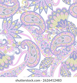 Paisley seamless vector pattern with fantastic flowers and leaves. Bohemian textile print inspired by batik. Vintage style
