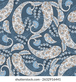 Paisley seamless vector pattern with fantastic flowers and leaves. Bohemian textile print inspired by batik. Vintage style