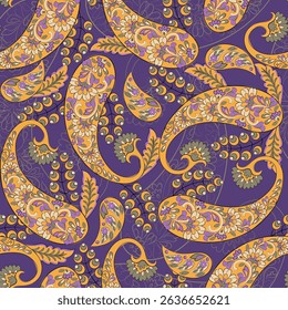 Paisley seamless vector pattern with fantastic flowers and leaves. Bohemian textile print inspired by batik. Vintage style