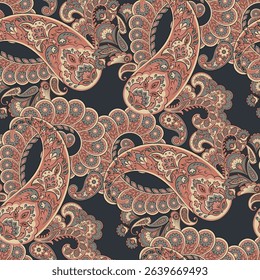Paisley seamless vector pattern with fantastic flowers and leaves. Bohemian textile print inspired by batik. Vintage style