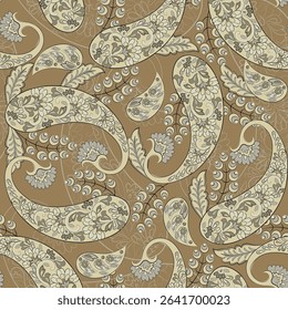 Paisley seamless vector pattern with fantastic flowers and leaves. Bohemian textile print inspired by batik. Vintage style