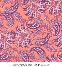 Paisley seamless vector pattern with fantastic flowers and leaves. Bohemian textile print inspired by batik. Vintage style