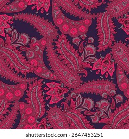 Paisley seamless vector pattern with fantastic flowers and leaves. Bohemian textile print inspired by batik. Vintage style