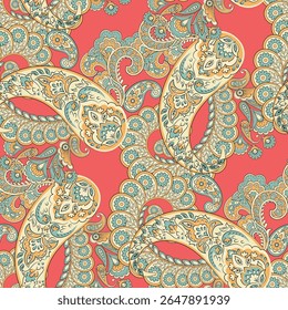 Paisley seamless vector pattern with fantastic flowers and leaves. Bohemian textile print inspired by batik. Vintage style