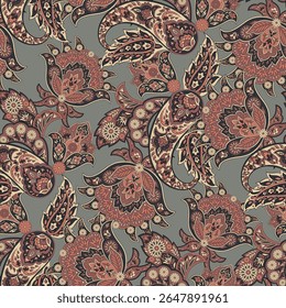 Paisley seamless vector pattern with fantastic flowers and leaves. Bohemian textile print inspired by batik. Vintage style