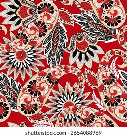 Patrón de Vector sin costuras Paisley con fantásticas flores y hojas. Estampado textil bohemio inspirado en el batik. Estilo Antiguas