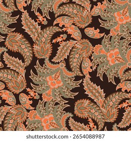 Paisley seamless vector pattern with fantastic flowers and leaves. Bohemian textile print inspired by batik. Vintage style