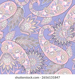 Paisley seamless vector pattern with fantastic flowers and leaves. Bohemian textile print inspired by batik. Vintage style