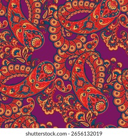Paisley seamless vector pattern with fantastic flowers and leaves. Bohemian textile print inspired by batik. Vintage style