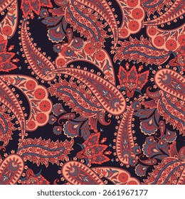 Paisley seamless vector pattern with fantastic flowers and leaves. Bohemian textile print inspired by batik. Vintage style