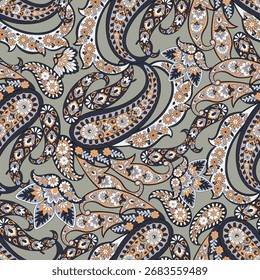 Paisley seamless vector pattern with fantastic flowers and leaves. Bohemian textile print inspired by batik. Vintage style
