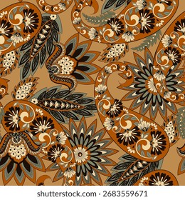 Patrón de Vector sin costuras Paisley con fantásticas flores y hojas. Estampado textil bohemio inspirado en el batik. Estilo Antiguas