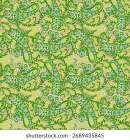 Paisley padrão vetor sem emenda com flores e folhas fantásticas. Impressão têxtil boêmia inspirada em batik. Estilo vintage