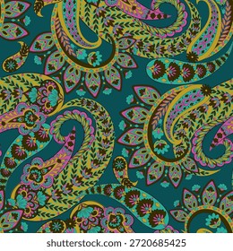 Paisley nahtloses Vektormuster mit fantastischen Blumen und Blättern. Böhmischer Stoffdruck inspiriert von der Batik. Vintage