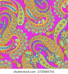 Paisley nahtloses Vektormuster mit fantastischen Blumen und Blättern. Böhmischer Stoffdruck inspiriert von der Batik. Vintage