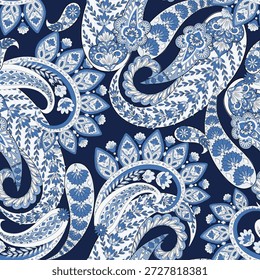 Paisley nahtloses Vektormuster mit fantastischen Blumen und Blättern. Böhmischer Stoffdruck inspiriert von der Batik. Vintage
