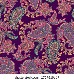 Paisley nahtloses Vektormuster mit fantastischen Blumen und Blättern. Böhmischer Stoffdruck inspiriert von der Batik. Vintage