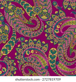 Paisley nahtloses Vektormuster mit fantastischen Blumen und Blättern. Böhmischer Stoffdruck inspiriert von der Batik. Vintage